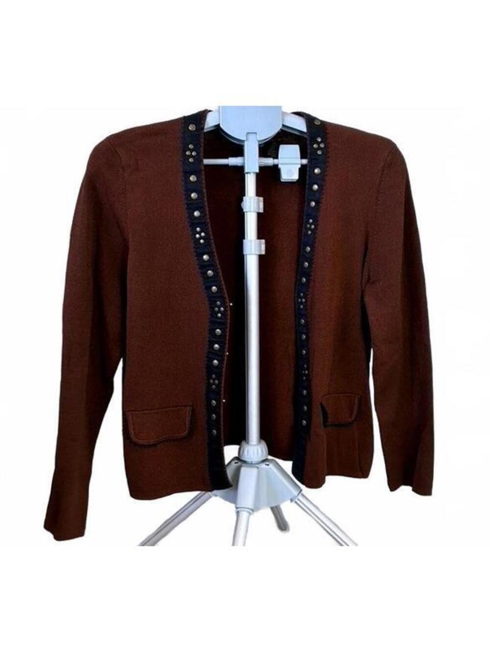 Knit Chic M Brown Open Front Cardigan Sweater with Black Studded Trim NWOT